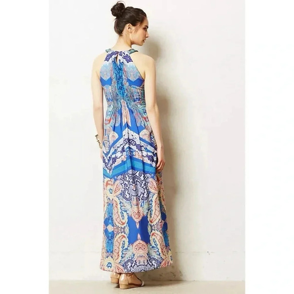 585 Anthropologie Ranna Gill Blue Boeh Maxi Dress Beaded Pleated Size 2 - Picture 3 of 8